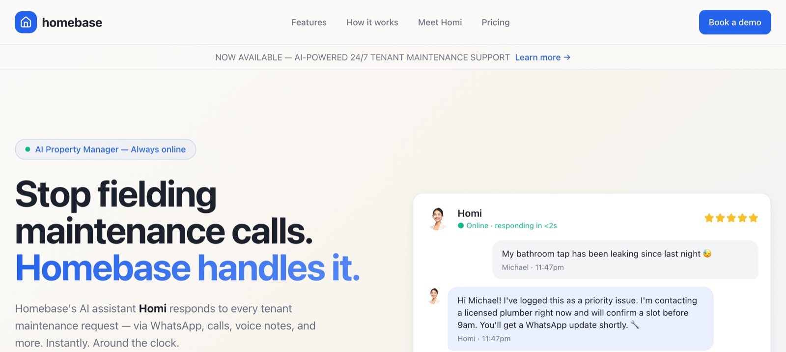 The Homebase concept page showing the assistant handling a tenant maintenance request