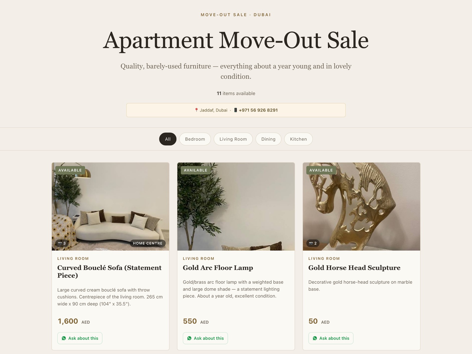 The live move-out sale catalog showing furniture listings